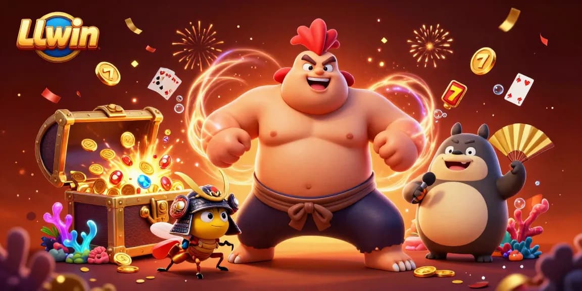 Spin with LLwin's exciting slots while 3D characters celebrate in a vibrant casino scene.