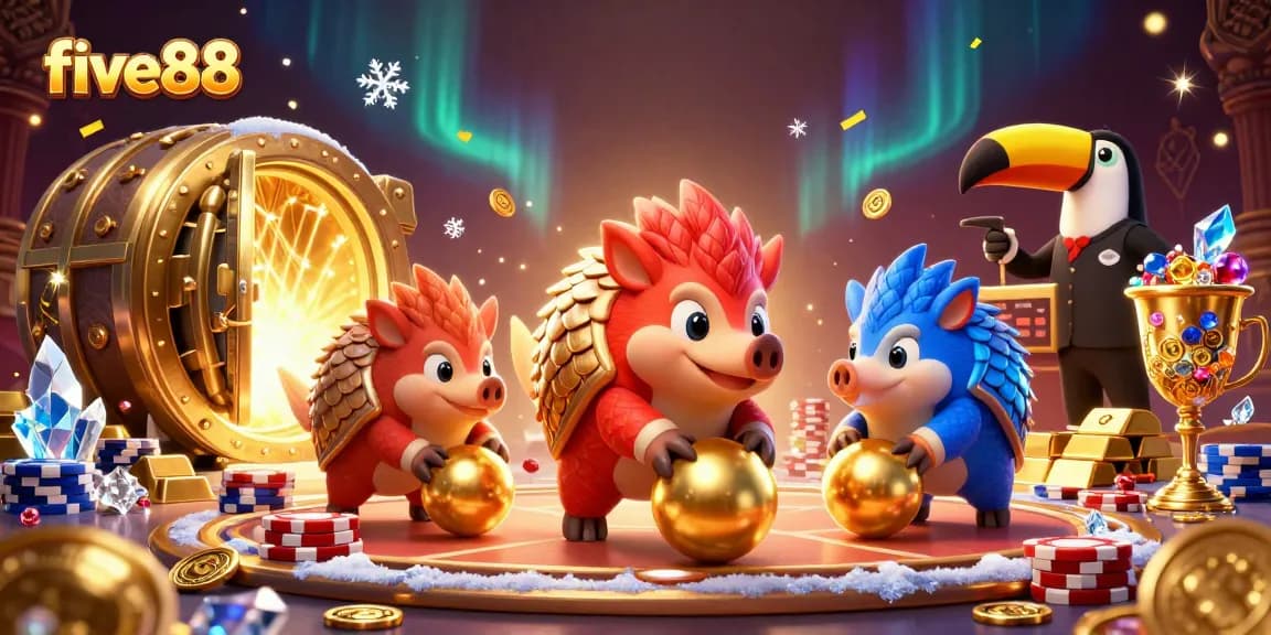 Engage in exciting gameplay at five88 as rival pangolins chase golden balls through poker chips.