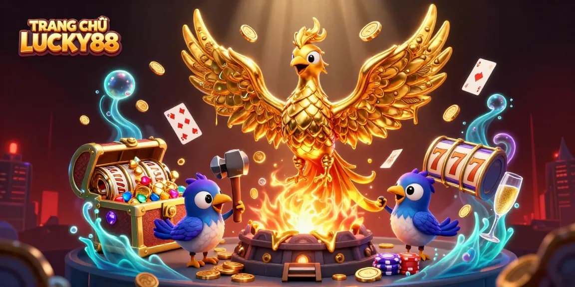 TRANG CHỦ LUCKY88 showcases a golden phoenix and sparrows in an explosive casino-themed scene.