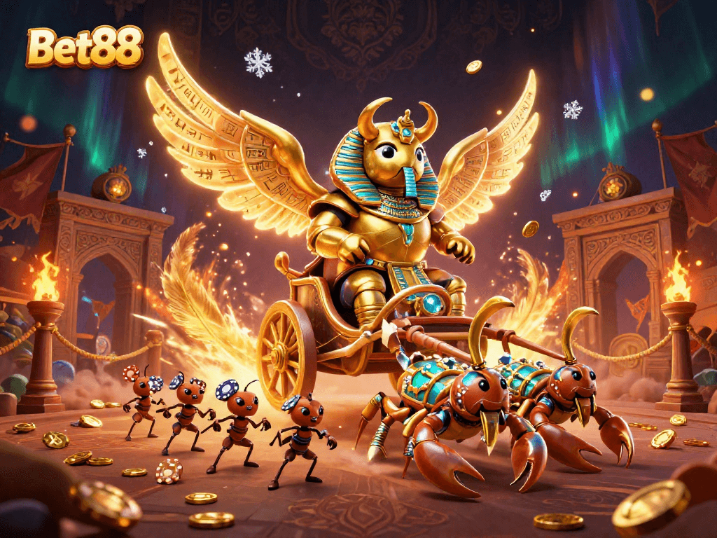 Experience Bet88's thrilling gaming world with a dynamic illustration of a legendary beetle and scorpions.
