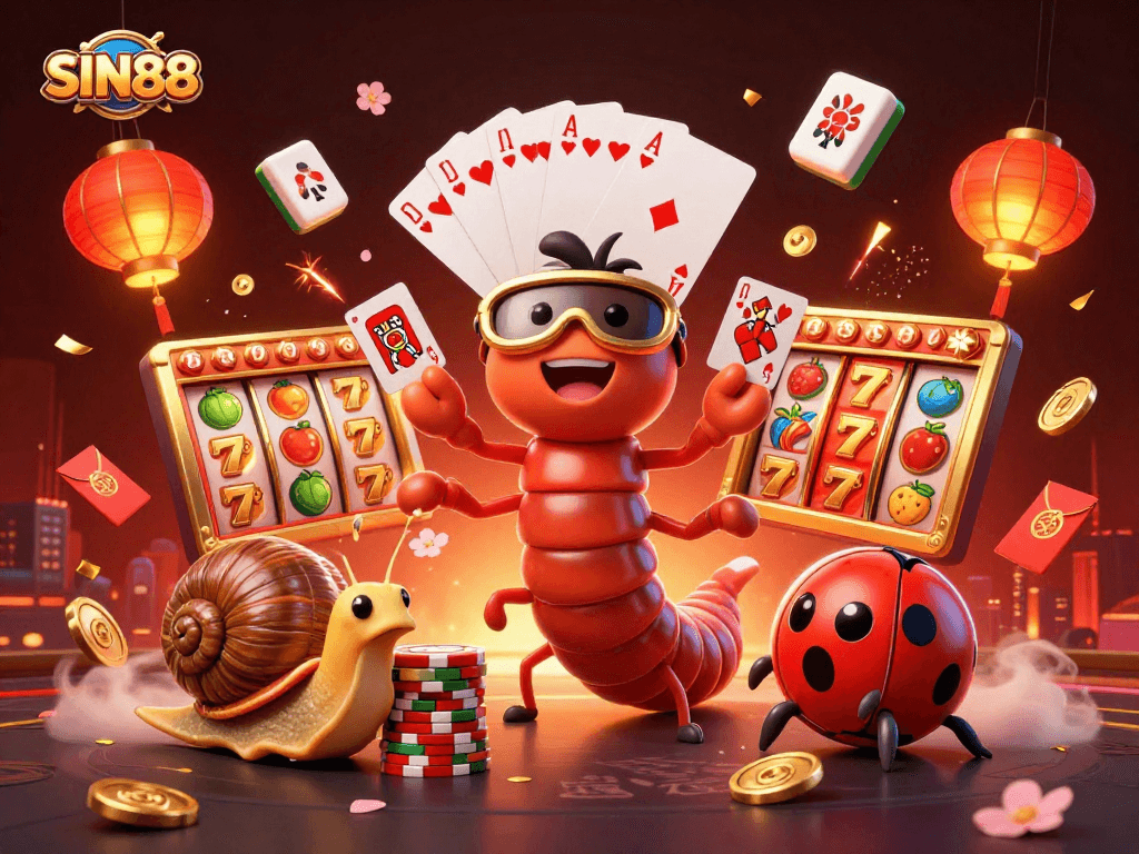 SIN88 showcases a vibrant 3D casino scene with a cartoon millipede dealer and slots, exciting action!