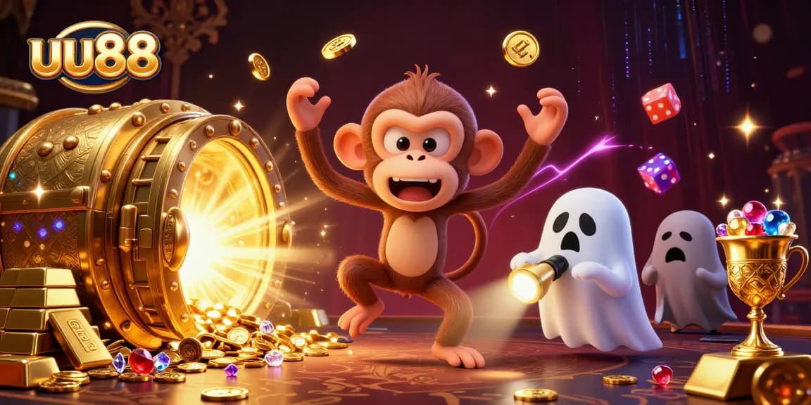 Experience thrilling fun at uu88 with a playful poltergeist monkey juggling treasures in a haunted casino scene.