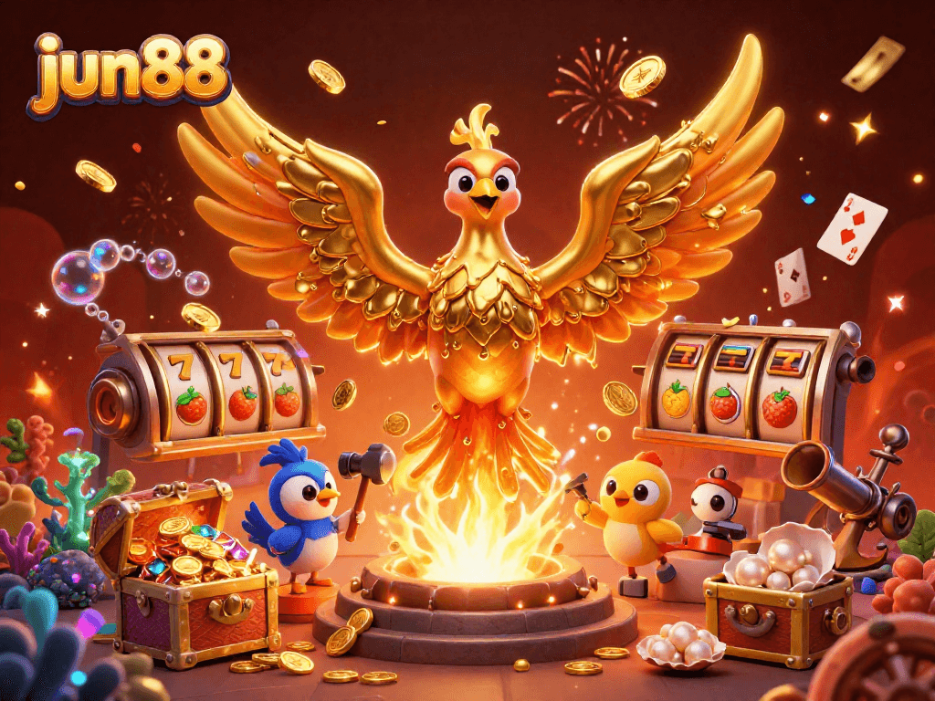 Experience the excitement of jun88 with a golden phoenix and vibrant casino elements in a dynamic scene.