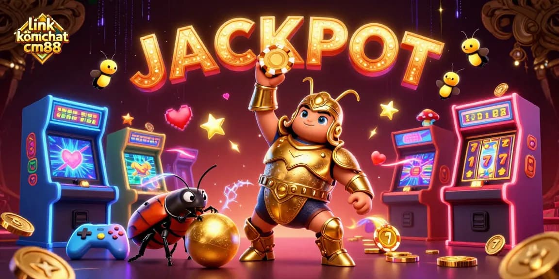 Spin the jackpot with link không chặn cm88 in this vibrant casino scene featuring heroic beetles and glowing arcade games.