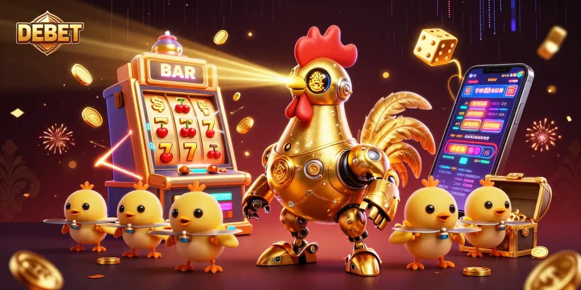 Engage with DEBET's exciting 3D casino, featuring a golden rooster robot and vibrant slot game elements.