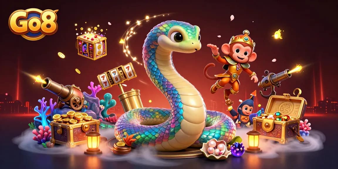 Engage in gambling action at Go8 with a vibrant 3D scene of a colorful serpent and monkey king.