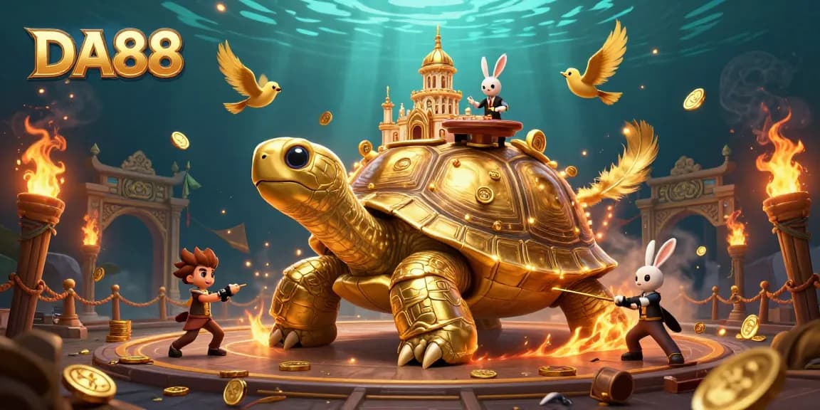 Experience the thrill of DA88 with vibrant golden elements and energetic casino atmosphere.