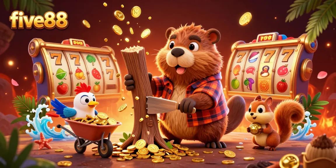 Experience exciting gameplay at five88 with a lively scene featuring a beaver, bird, and squirrel collecting coins.