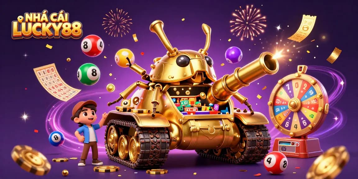 Experience thrilling gameplay at NHÀ CÁI LUCKY88 with a dynamic casino scene featuring a golden beetle tank and lively elements.
