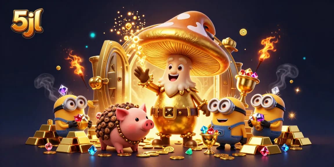 5jl casino illustration displaying a golden mushroom wizard and treasure elements in a vibrant scene