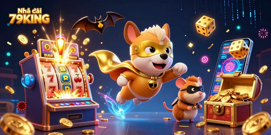 Engage with lively gaming adventures at Nhà cái 79KING featuring a superhero dog and exciting slot machine action.