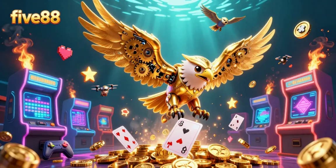 Experience the thrill of five88 as a golden eagle dives through holographic playing cards in this vibrant casino illustration.