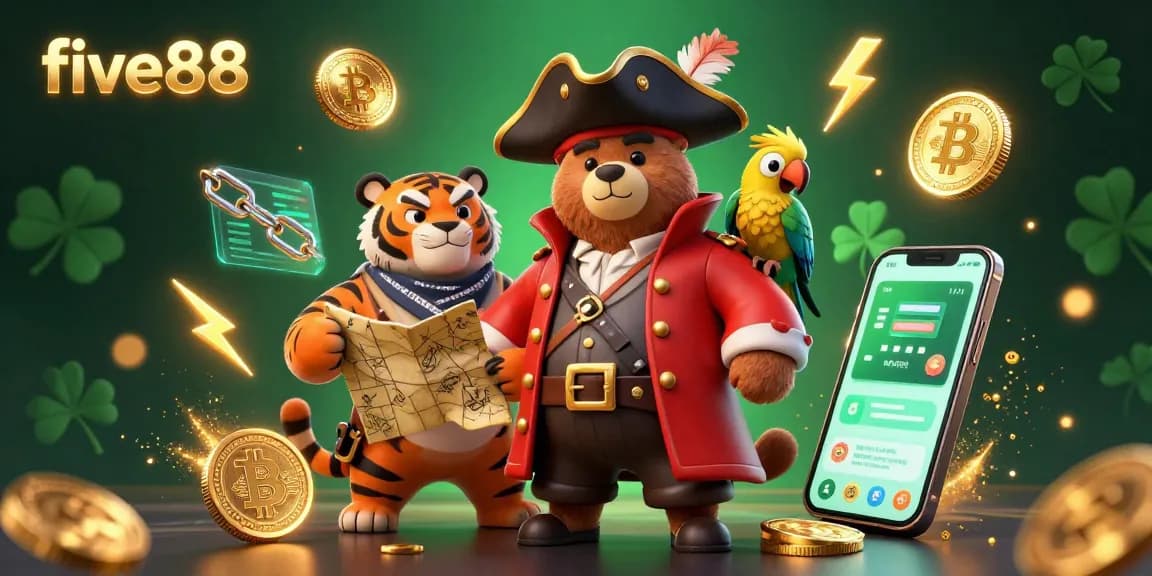 Experience thrilling gameplay at five88 with vibrant characters and rich gambling elements like Bitcoin coins.