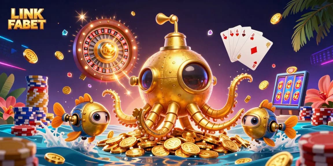 Experience thrilling gaming with LINK FABET as the golden kraken submarine surfaces amidst a wealth of coins.