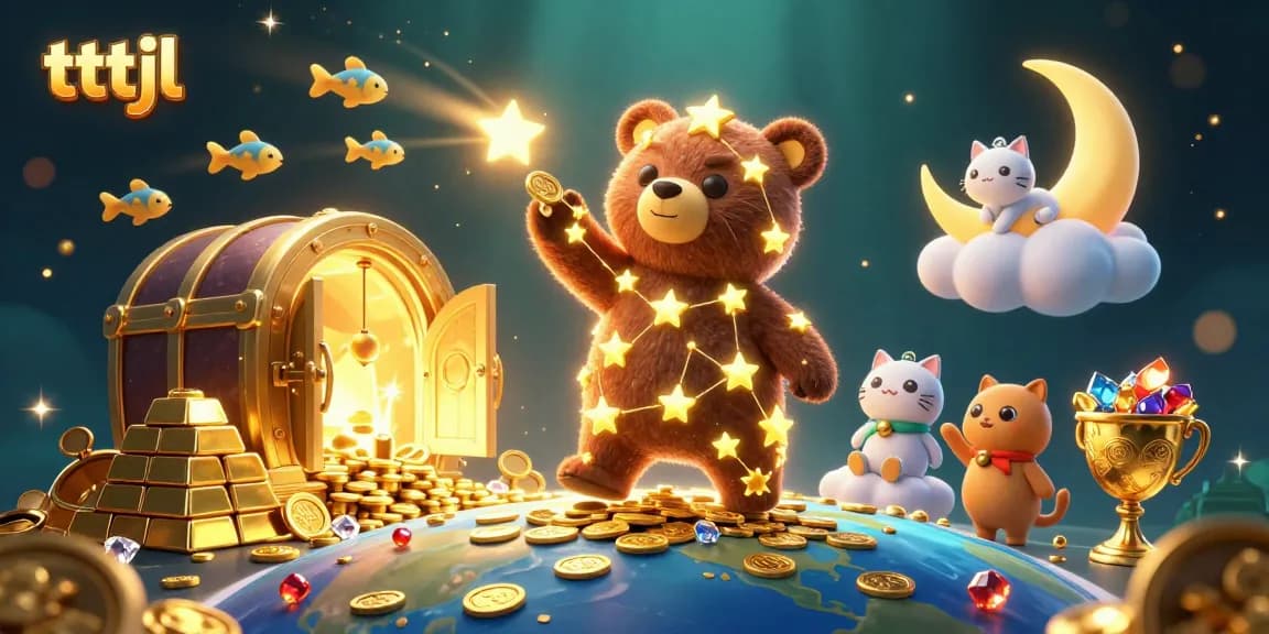 Engage in gaming excitement with tttjl as a constellation bear gathers coins amidst a treasure-crowded scene.