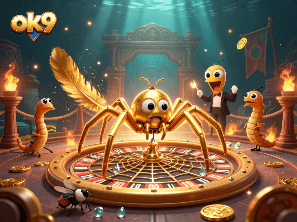 Bet on ok9 with the golden spider spinning a roulette web, amidst dynamic casino elements.