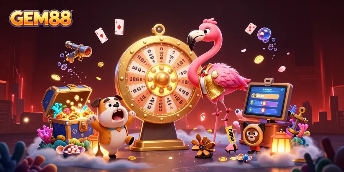 Experience excitement at GEM88 with game show host flamingo, bulldog contestant, and treasure-filled elements