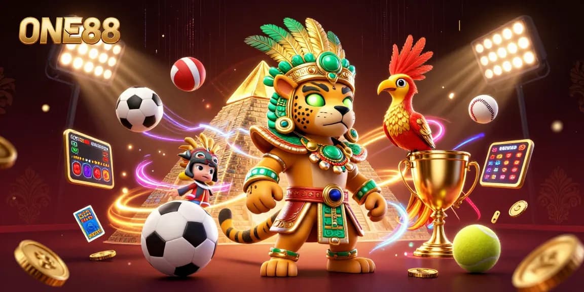 Experience the thrilling atmosphere of ONE88 with a vibrant casino scene featuring dynamic sports elements and engaging characters.