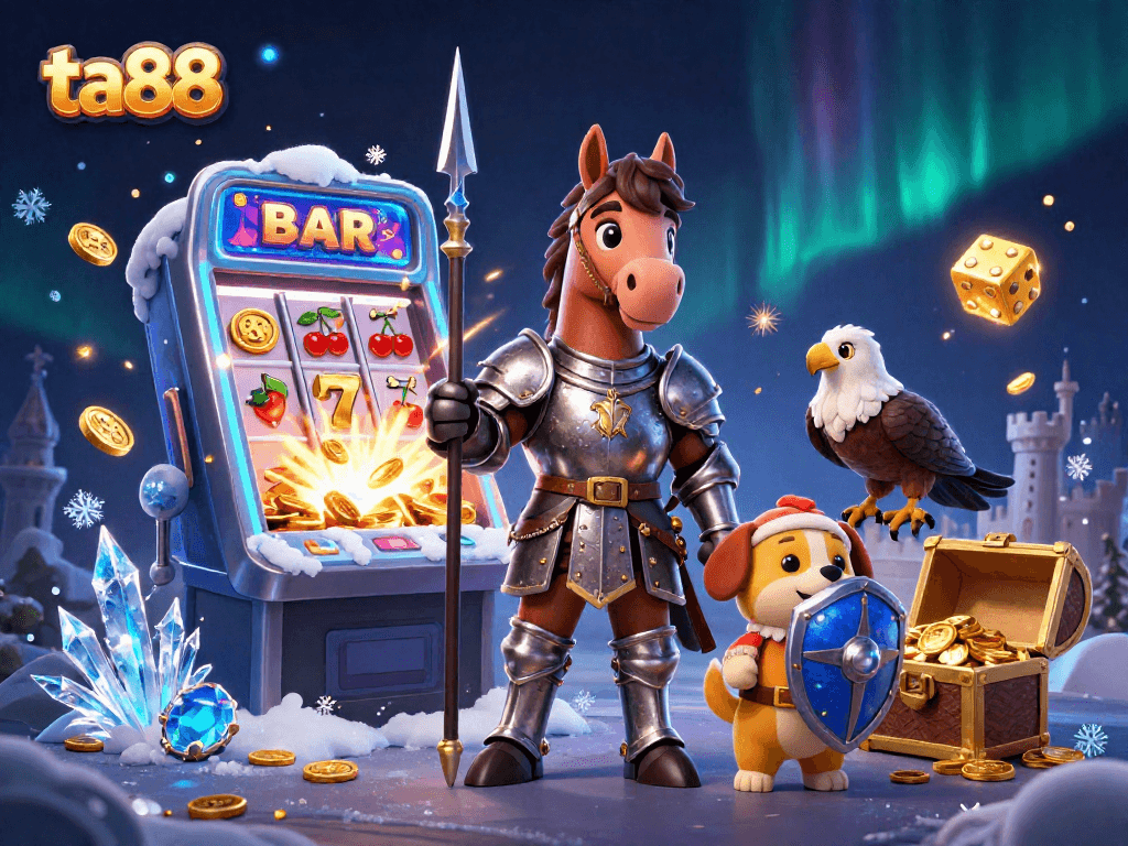 Engage with ta88's thrilling slot experience alongside heroic characters in a dazzling casino scene.