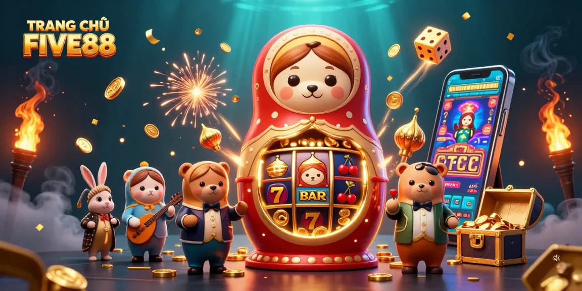 Engage with TRANG CHỦ FIVE88 in a vibrant casino scene featuring playful 3D characters and dynamic gambling elements.