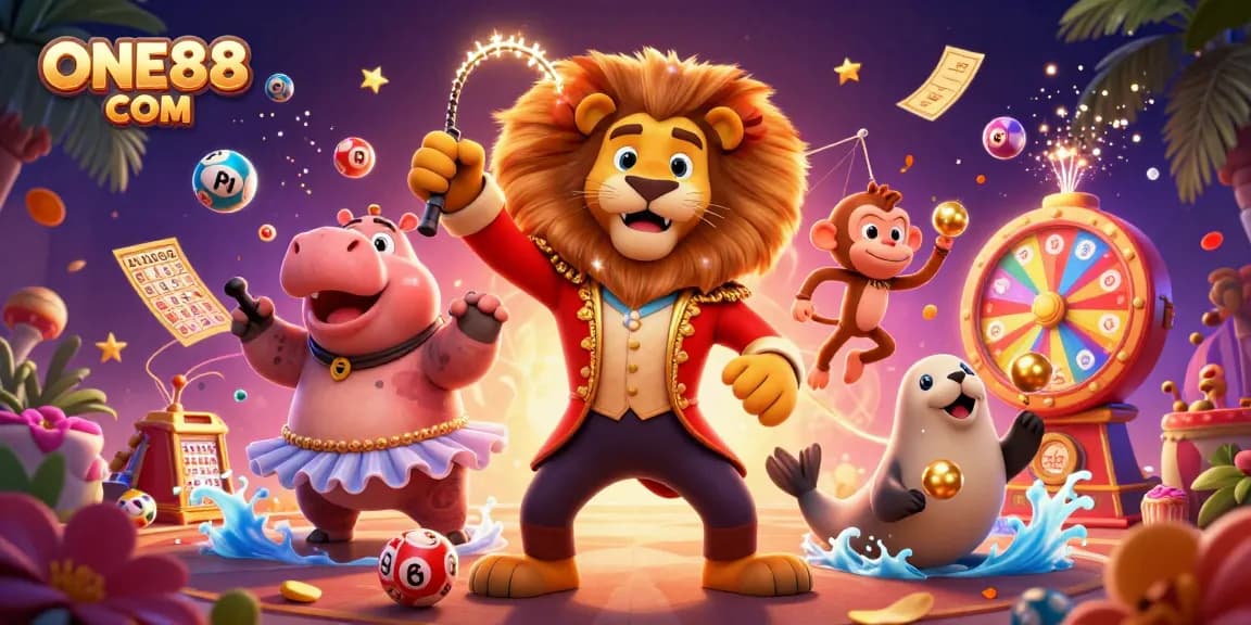 Win big at ONE88 COM with vibrant casino elements and lively characters in a packed scene.