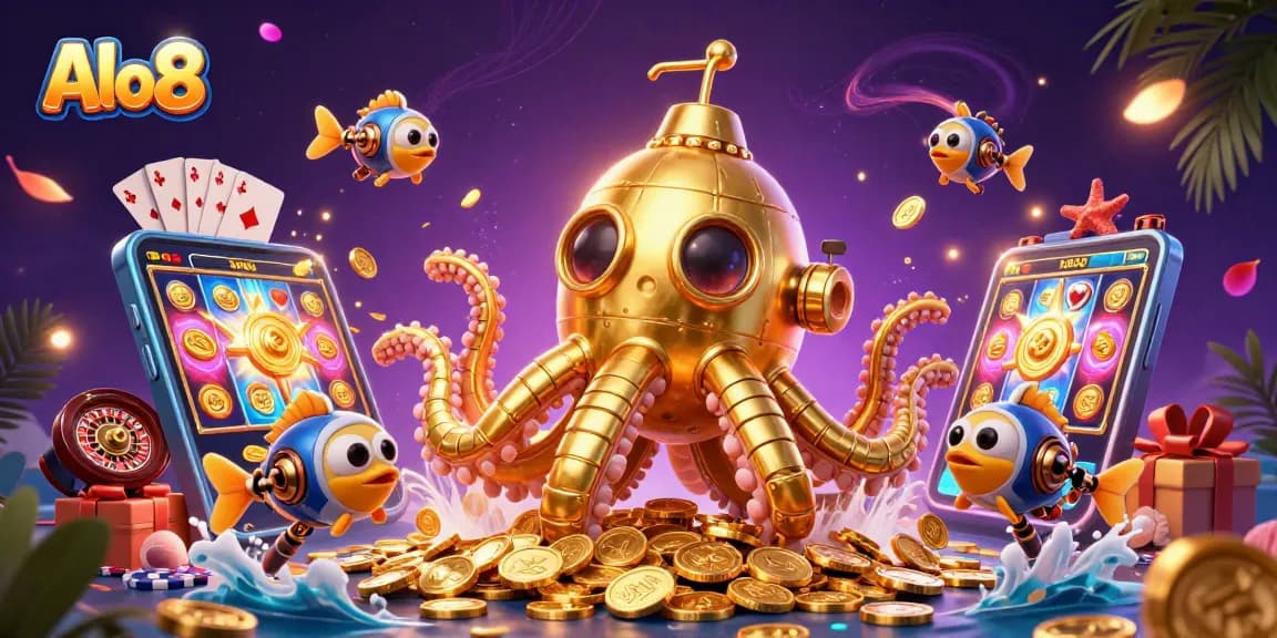 Alo8 presents a captivating scene with a golden kraken submarine, showcasing gaming excitement and fortune.