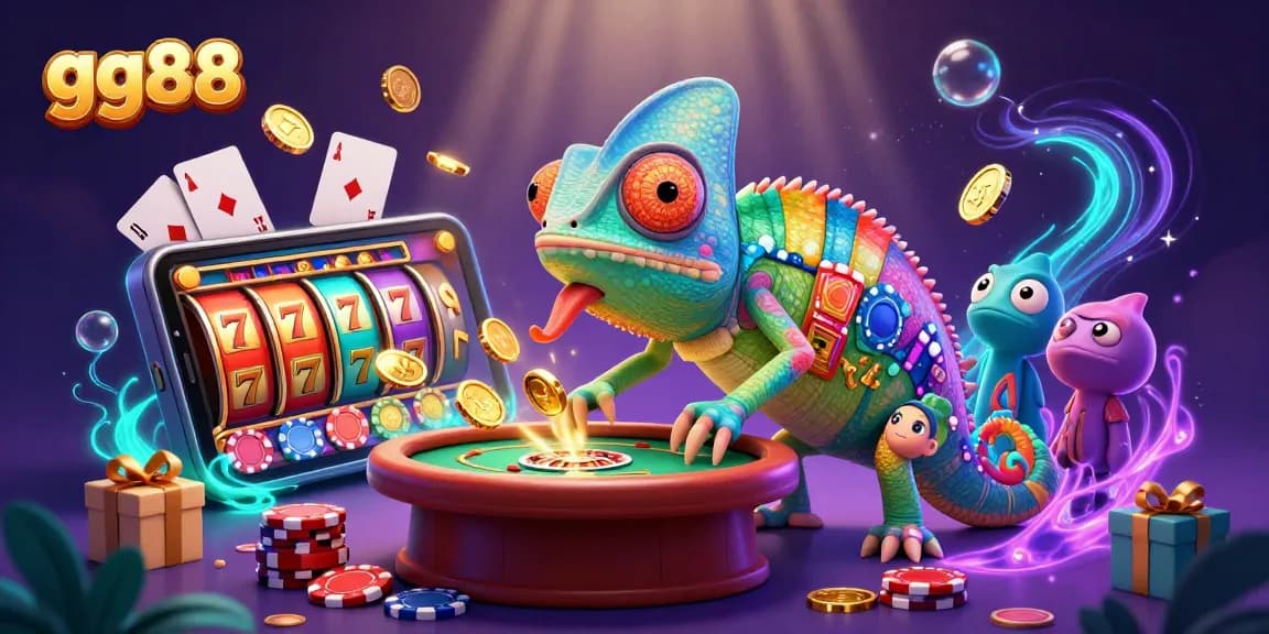 gg88 chameleon casino owner captures golden coins while engrossed in gambling excitement.