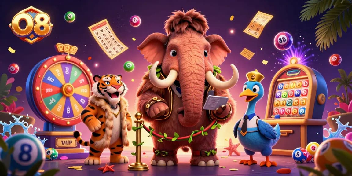 Engage with O8, a lively casino scene featuring a woolly mammoth bouncer and a saber-tooth tiger VIP.