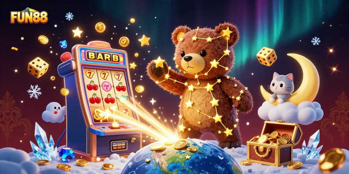 Experience FUN88 excitement with a stellar casino scene showcasing dynamic slot machine jackpots and vibrant gaming elements.
