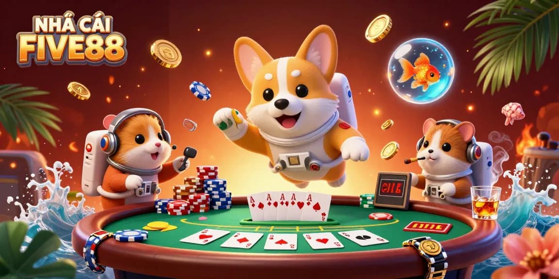 Experience gaming excitement at NHÀ CÁI FIVE88 with vibrant casino elements and playful characters.
