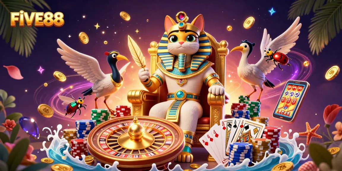 Experience high-stakes gaming with FIVE88's vibrant casino scene featuring royal characters and dynamic elements.
