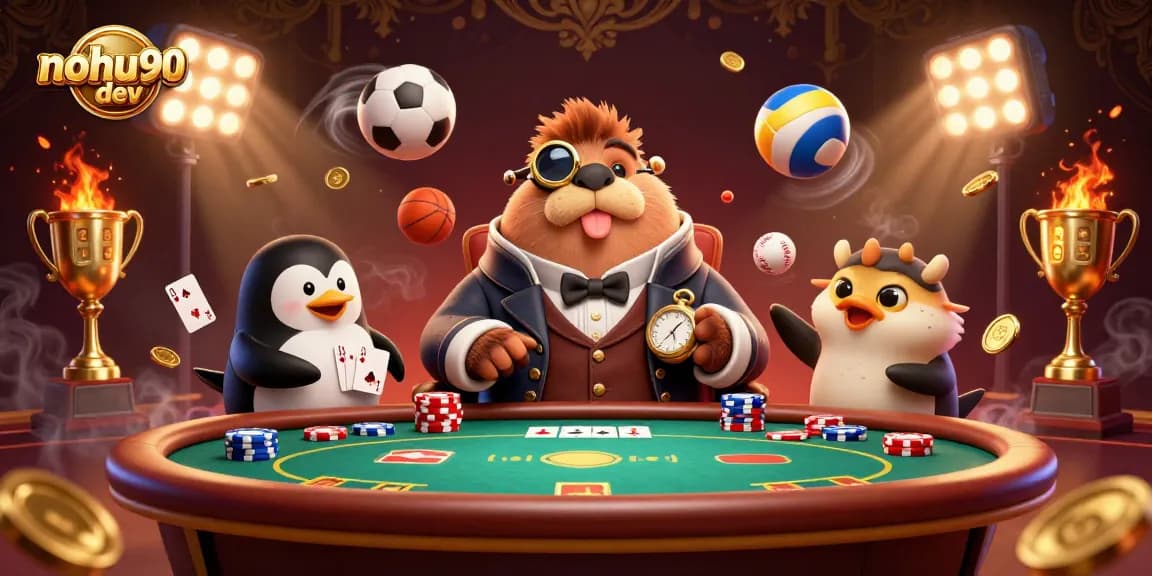 Nohu90 dev features a joker walrus playing poker underwater with dynamic sports elements and charismatic casino ambiance.
