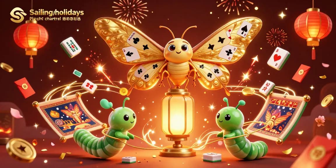 Sailing holidays platform Yacht charter marketplace features a vibrant 3D rendering of cartoon moths amidst festive casino elements.