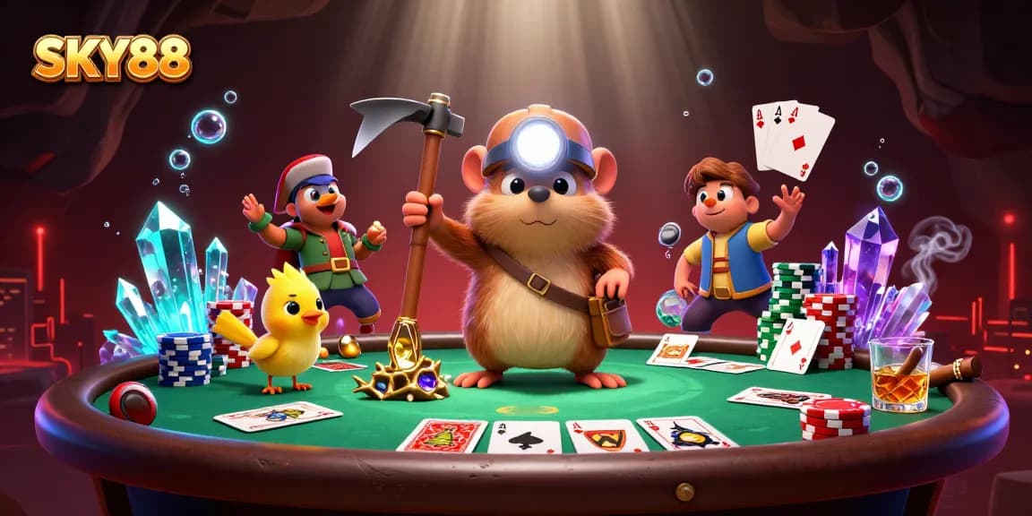 Experience the thrill of winning at SKY88 with a treasure-hunting mole and poker excitement in a vibrant scene.