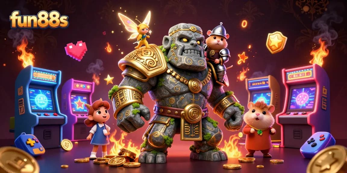 Experience exciting gameplay at fun88s with vibrant arcade elements, a stone golem, and a fairy.