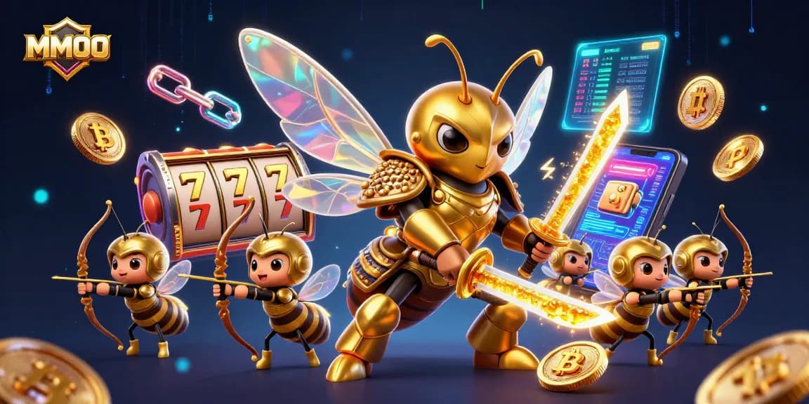Engage in thrilling gameplay at MMOO with a dazzling 3D casino illustration showcasing dynamic slot elements and lively characters.