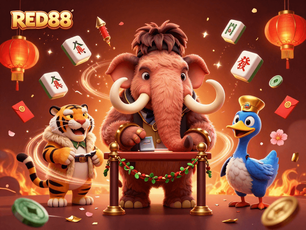 Experience excitement at RED88's vibrant casino scene with a woolly mammoth bouncer and VIP guests.