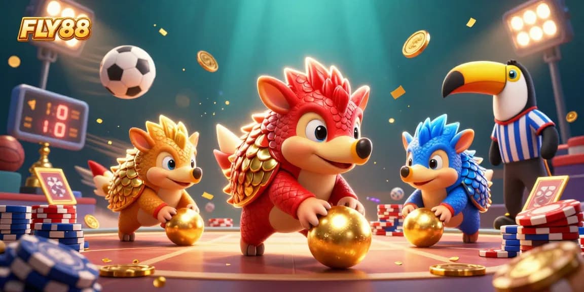 Experience thrilling gaming with FLY88, featuring vibrant pangolins bowling through poker chips.