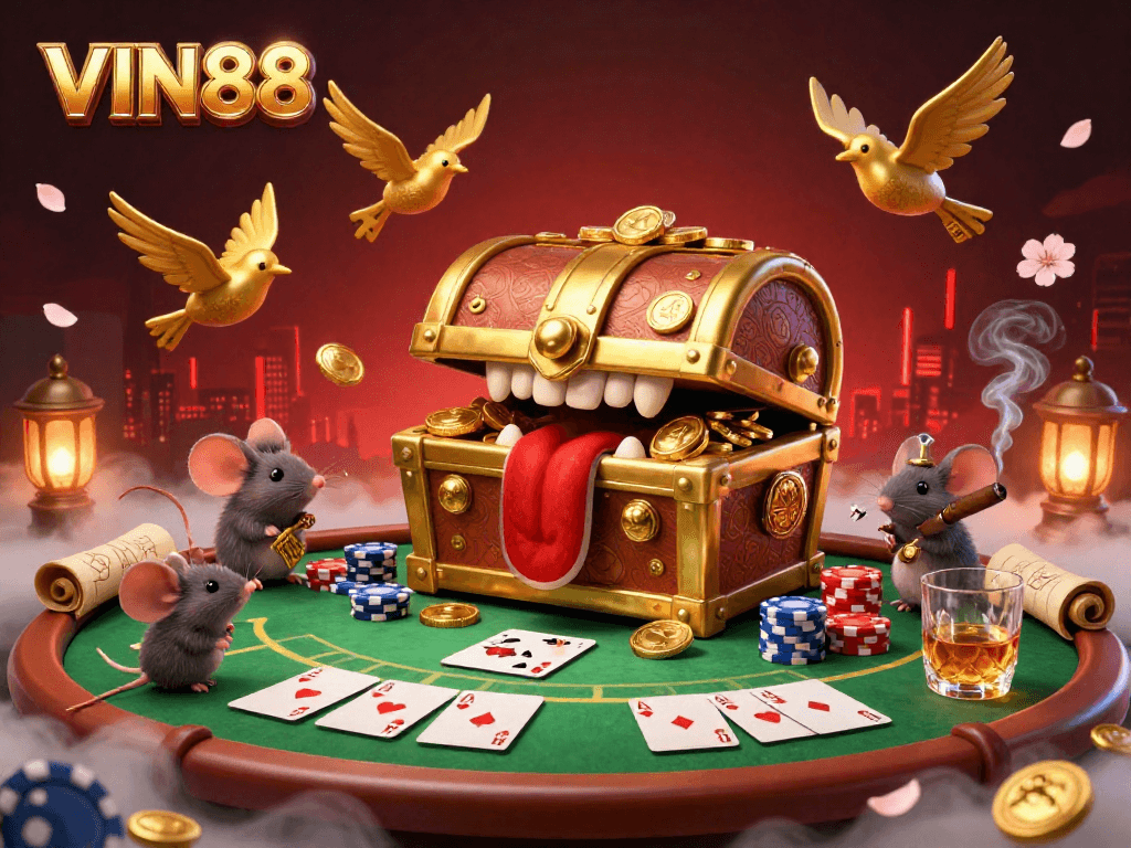 Win big at VIN88 with a golden treasure chest attracting adventurer mice, set in a lively poker scene.