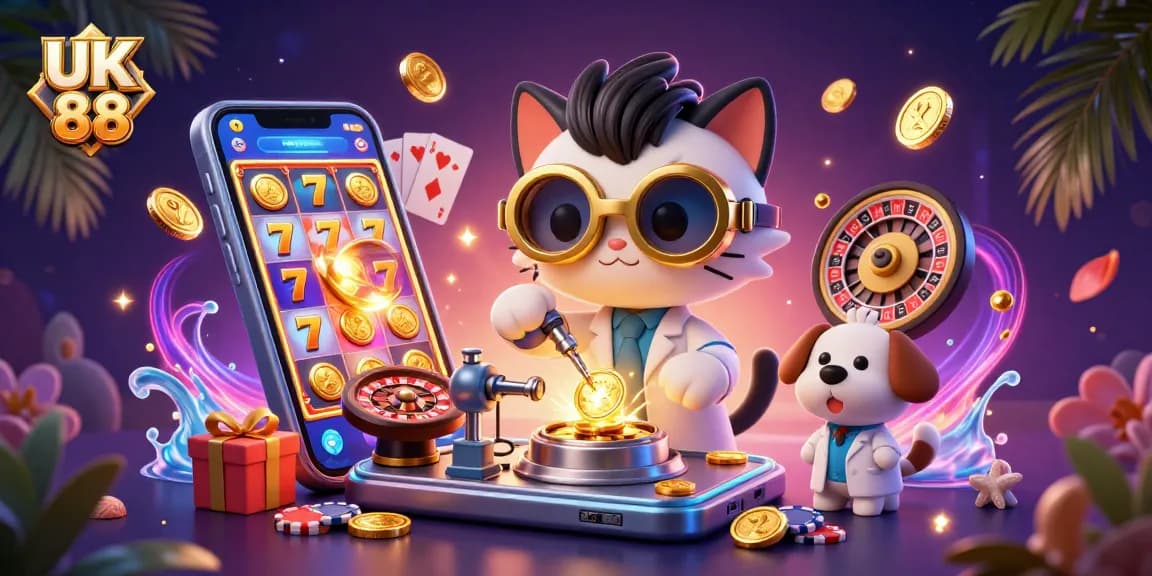 Experience the thrill at UK 88 with a vibrant 3D casino illustration featuring slots, jackpots, and fun!