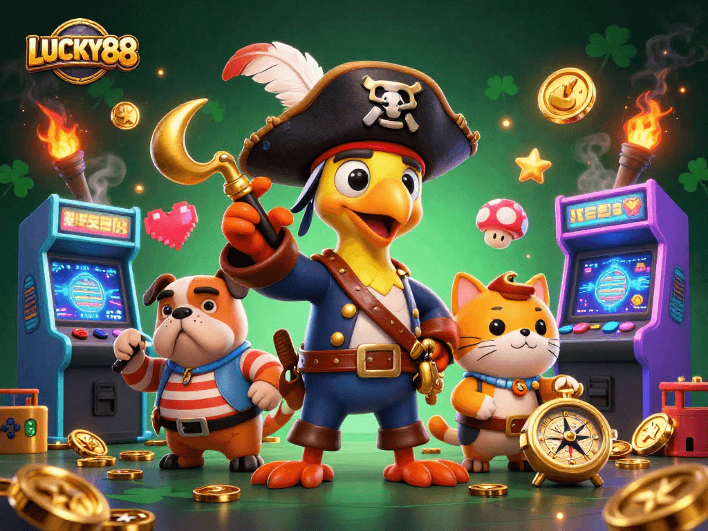 Join LUCKY88's thrilling adventure with pirate characters enjoying vibrant casino games!