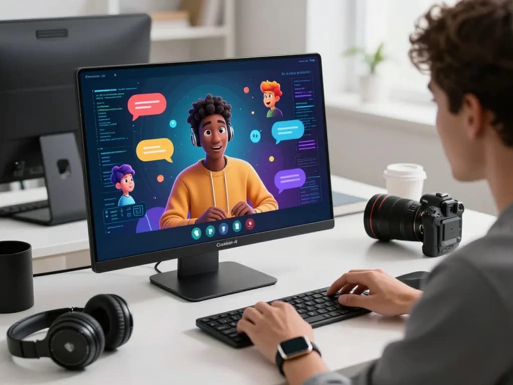 Engaging virtual chat scene showcasing Crushon AI's unique character interactions in a modern workspace.