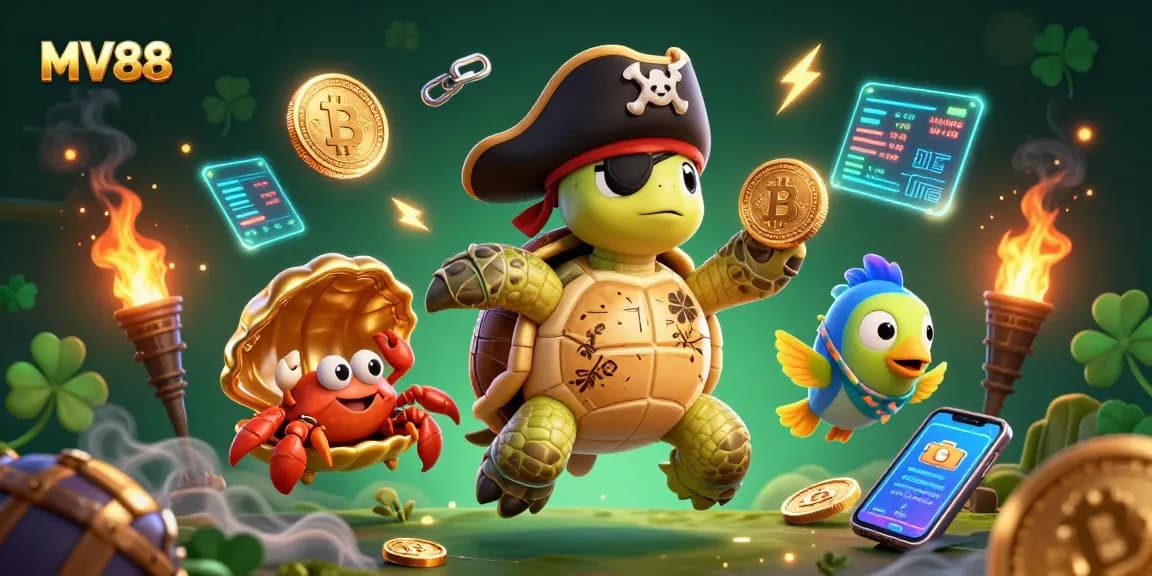 MV88 pirate-themed casino illustration featuring vibrant characters with cryptocurrency elements.