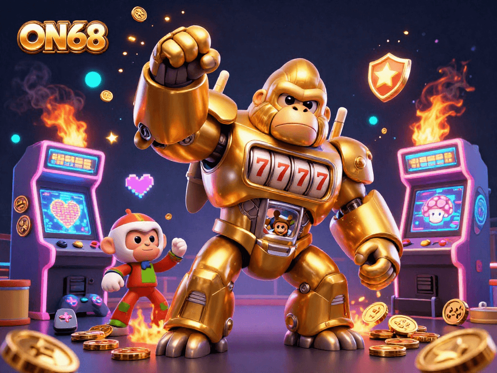 Engage in thrilling slots with ON68's golden gorilla mech fighting for big wins in a lively digital casino.
