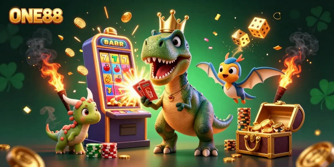 Experience the thrill of ONE88 with a cartoon T-Rex shuffling cards and winning at slots amid exploding coins.
