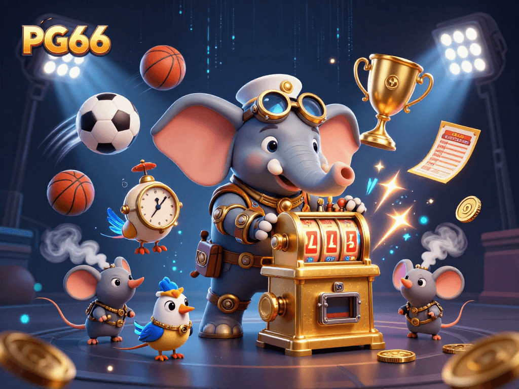 Intense gaming scenes at PG66, featuring a steampunk elephant operating a slot machine with sports elements.