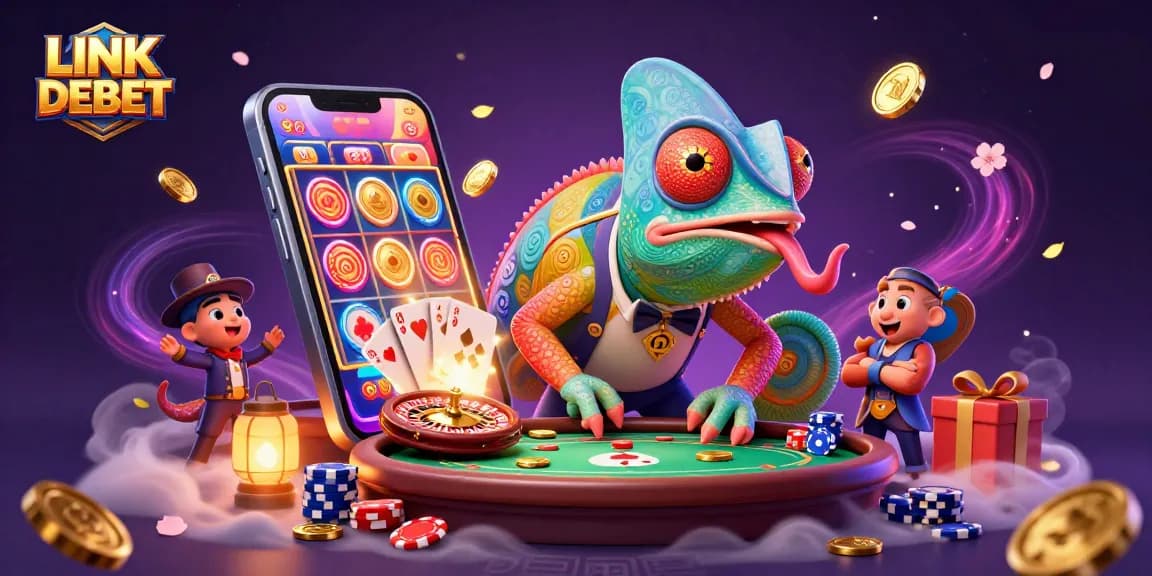 Experience the thrill of casino games with LINK DEBET's vibrant 3D illustration of vibrant gaming action.