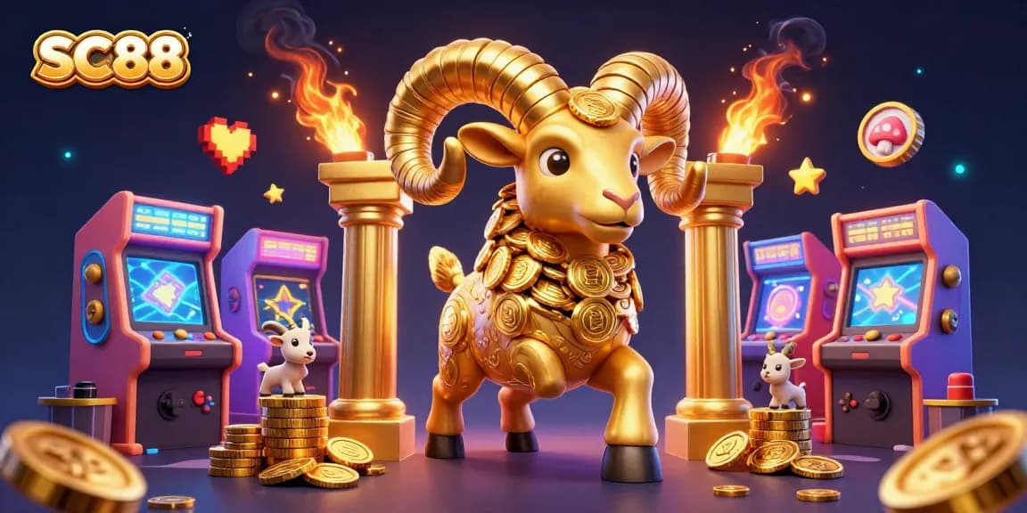 Engage with SC88's vibrant golden ram charging through a magical casino landscape adorned with neon game elements.