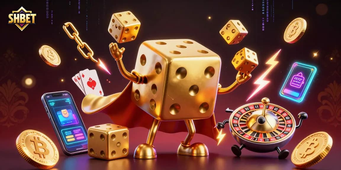 Score big with SHBET in a vibrant 3D scene featuring playful dice and cryptocurrency elements.