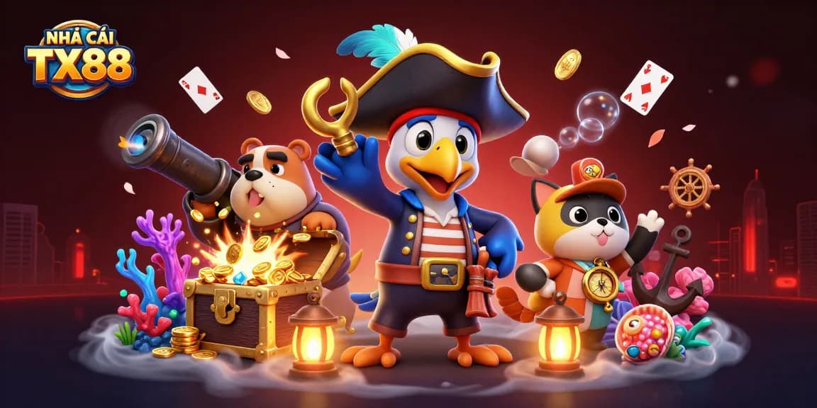 Immerse in the thrilling world of NHÀ CÁI TX88 as the pirate captain commands the adventure through treasures and games.